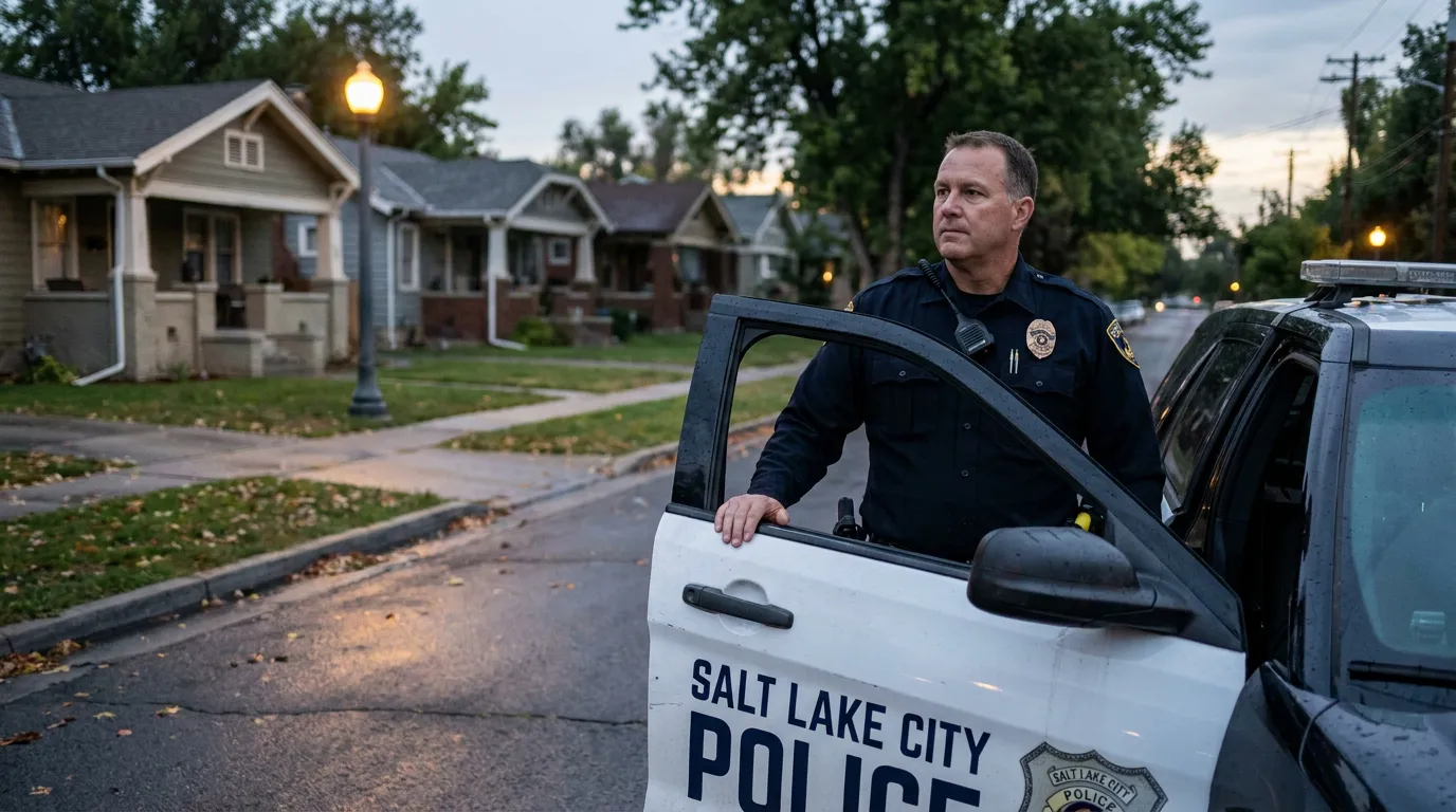 Salt Lake City Police officer standing beside patrol vehicle in residential neighborhood