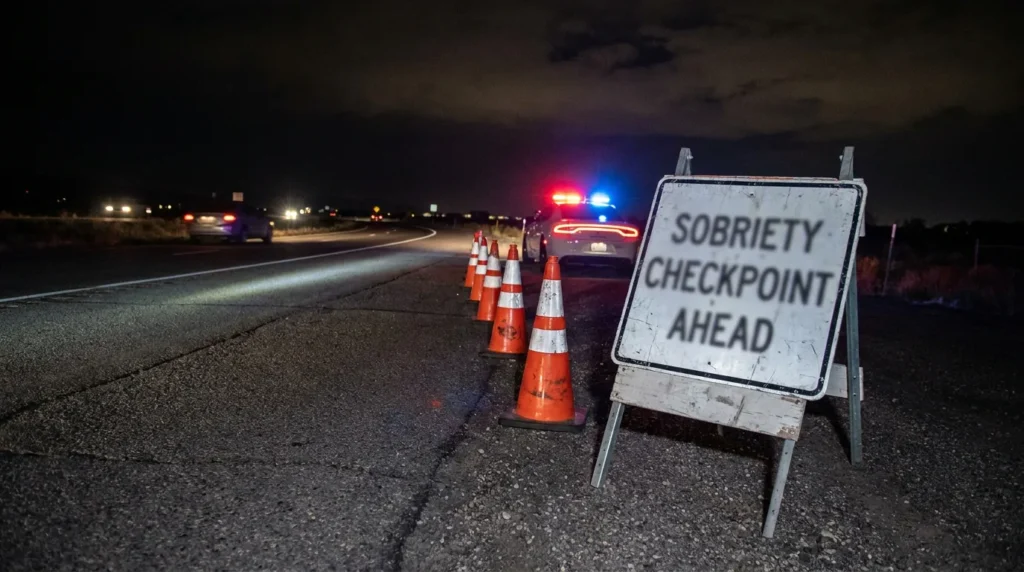 Sobriety Checkpoint Ahead sign with traffic cones and police vehicle at night