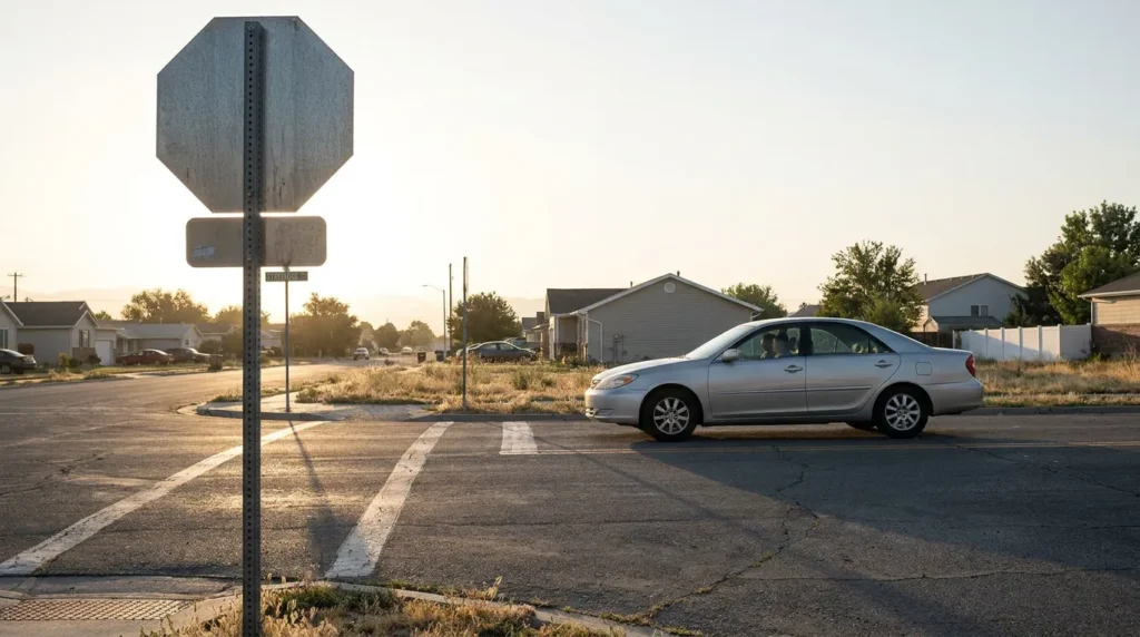 Sedan crossing residential intersection past stop sign viewed from behind during sunset