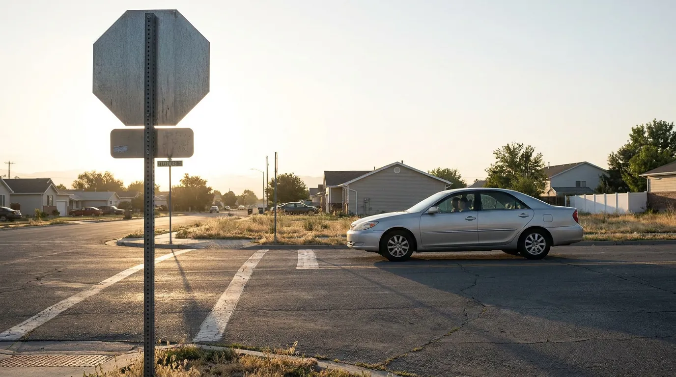 Sedan crossing residential intersection past stop sign viewed from behind during sunset