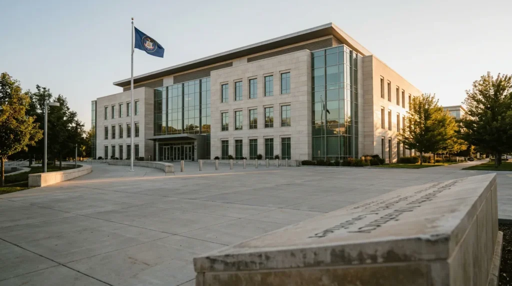 Government building exterior with Utah state flag and glass entrance facade