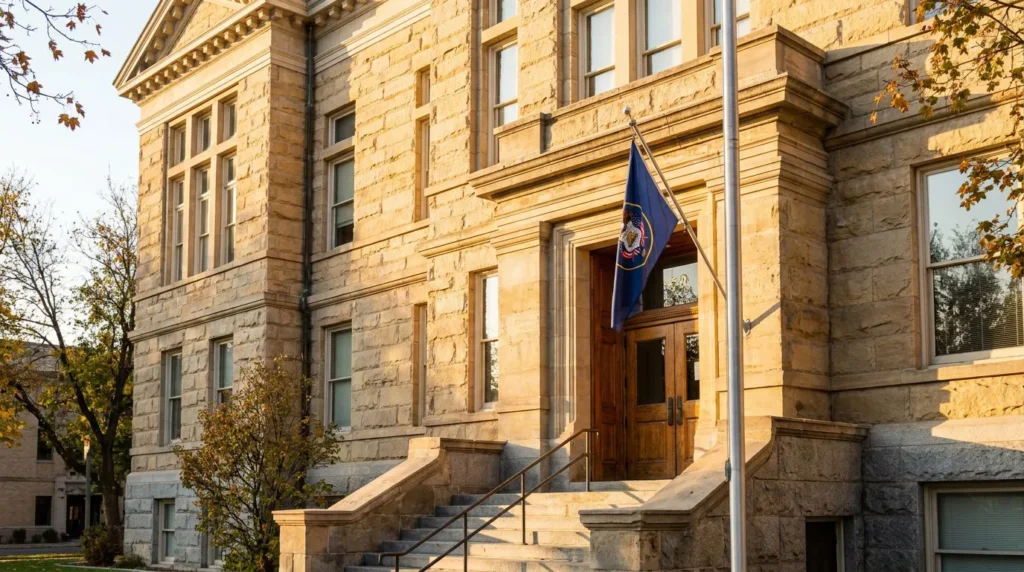 historic stone courthouse exterior with state flag and wooden entrance doors