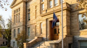 historic stone courthouse exterior with state flag and wooden entrance doors